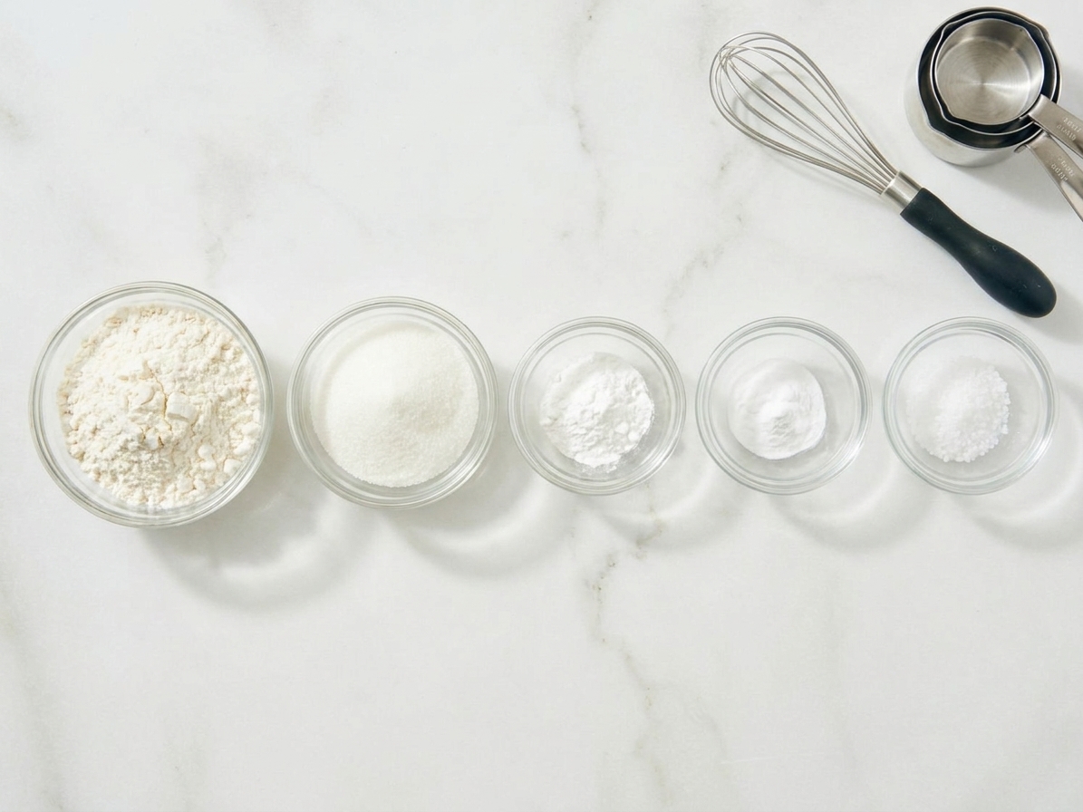Flour, sugar, baking powder, baking soda, and salt measured into separate small bowls on a light kitchen counter
