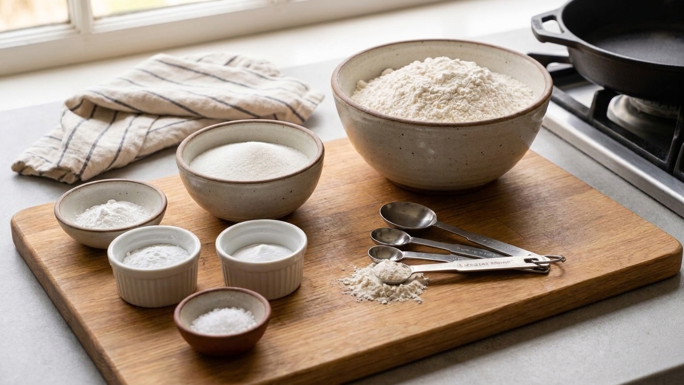 Flour, sugar, baking powder, baking soda, salt, and measuring spoons arranged on a clean kitchen counter