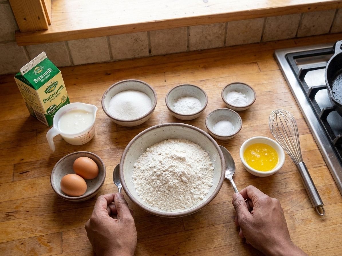Flour, sugar, baking powder, baking soda, salt, eggs, buttermilk, and melted butter measured out on a bright kitchen counter