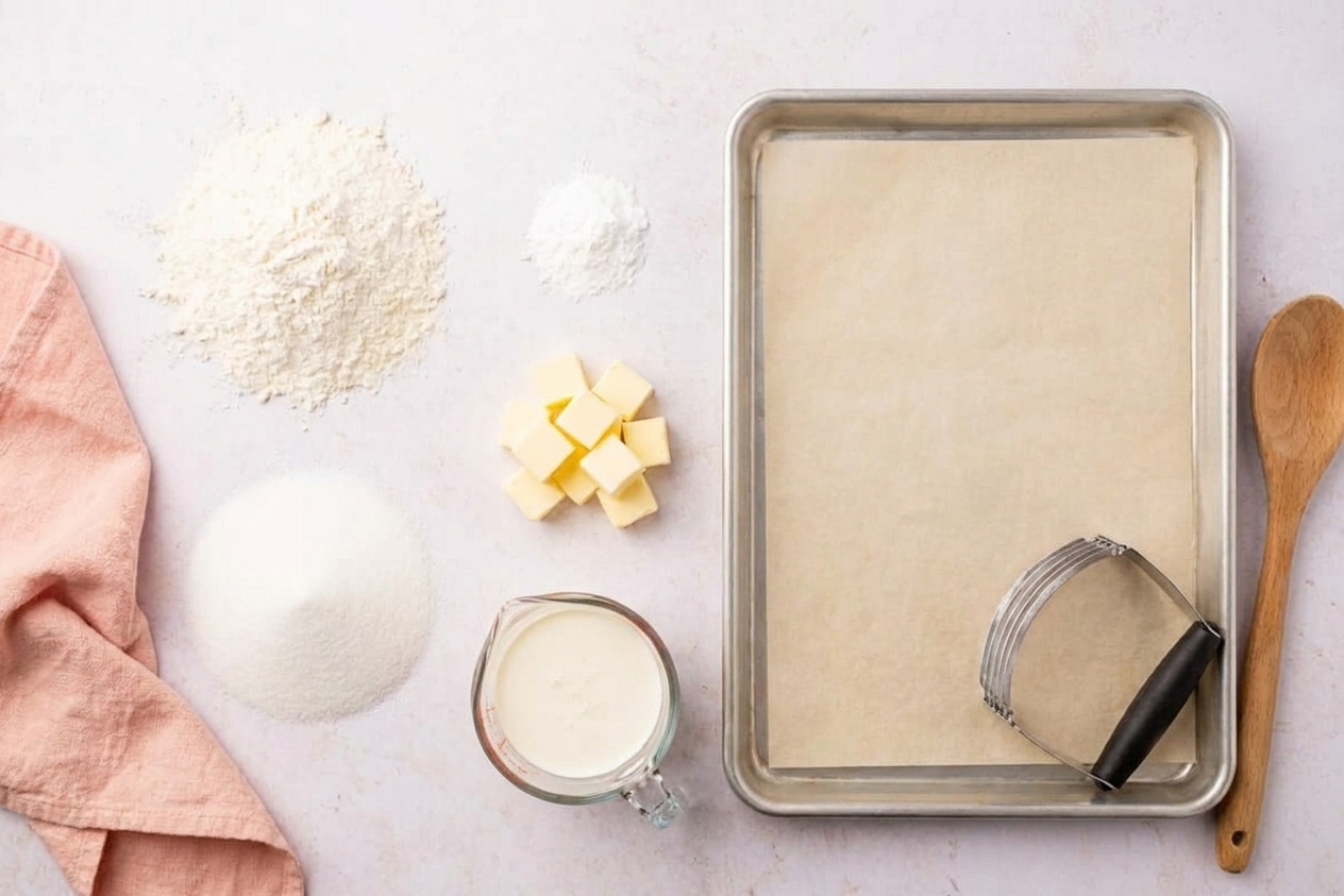 Flour, sugar, baking powder, butter cubes, and cream measured out on a clean kitchen counter with a parchment-lined baking sheet ready to use