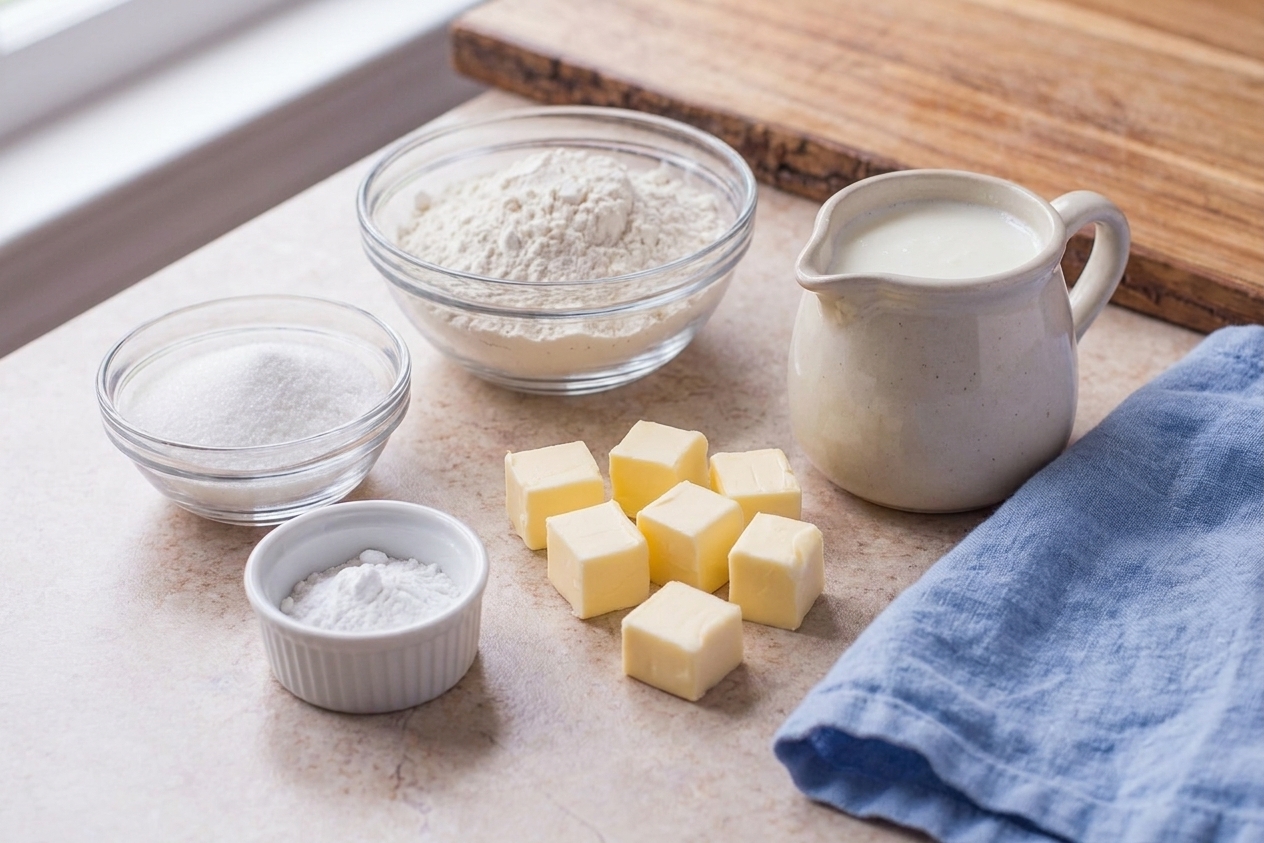 Flour, sugar, baking powder, cubes of cold butter, and a small pitcher of buttermilk arranged on a clean kitchen counter