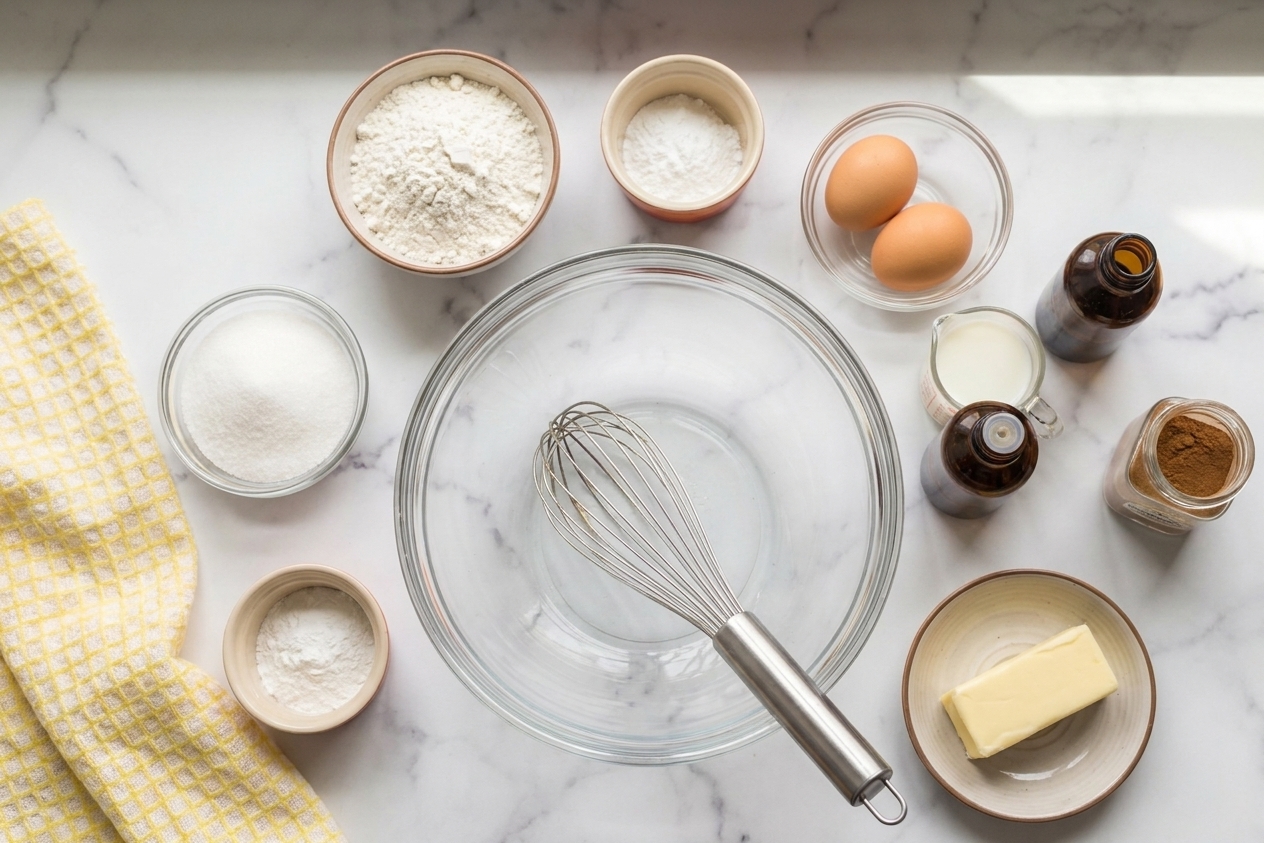 Flour, sugar, baking powder, eggs, milk, vanilla, cinnamon, and butter measured out on a clean kitchen counter with a mixing bowl and whisk