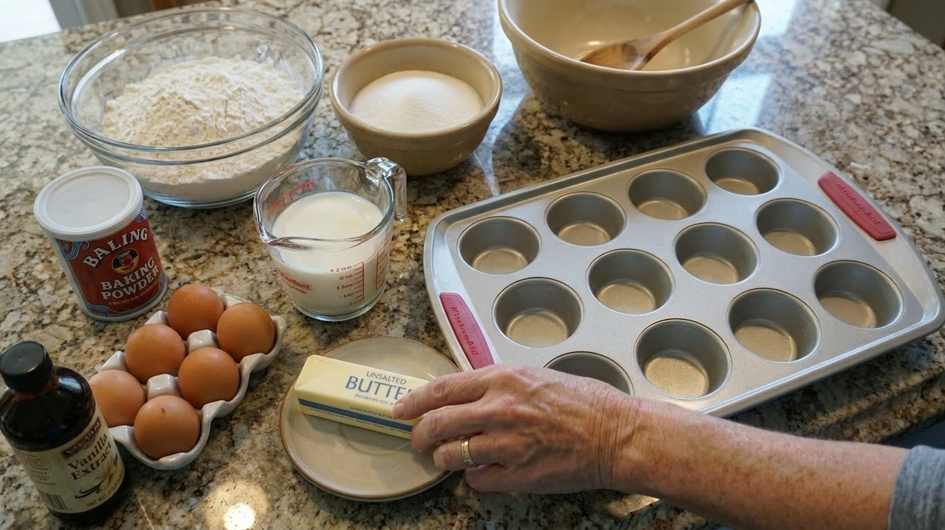 Flour, sugar, baking powder, milk, eggs, butter, vanilla, and a mini muffin pan arranged on a clean kitchen counter