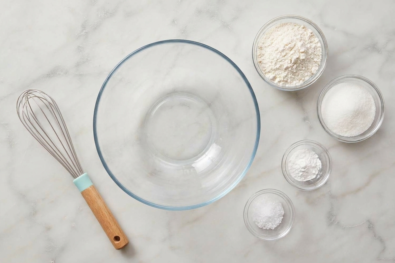 Flour, sugar, baking powder, salt, and a whisk arranged on a clean kitchen counter next to a mixing bowl