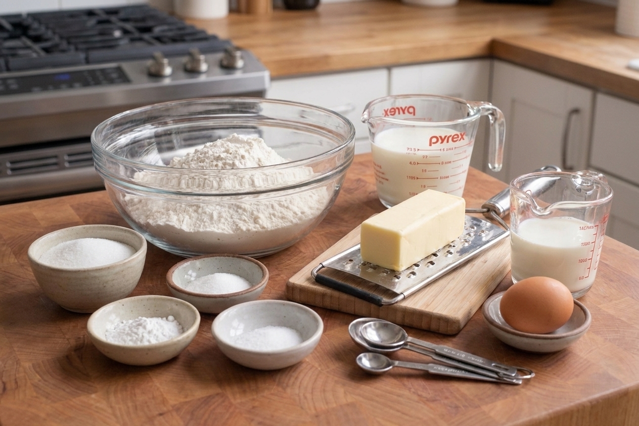 Flour, sugar, baking powder, salt, cold butter, milk, and an egg arranged on a clean kitchen counter with a mixing bowl and measuring spoons