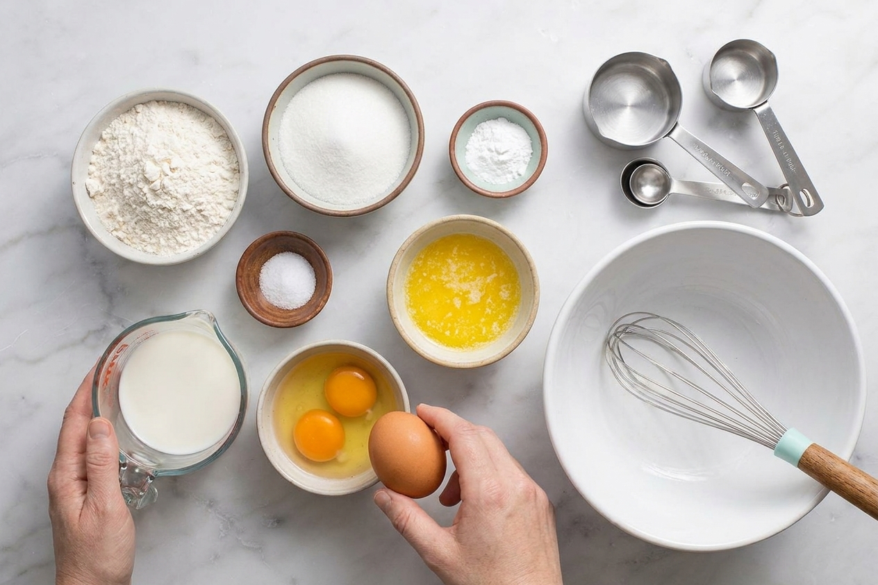 Flour, sugar, baking powder, salt, eggs, milk, and melted butter arranged on a clean kitchen counter beside measuring cups and a mixing bowl