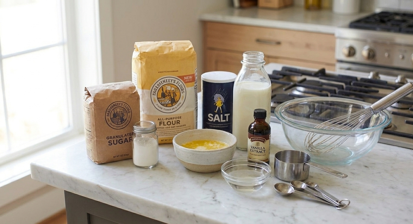 Flour, sugar, baking powder, salt, milk, melted butter, vanilla, and a small bowl of vinegar arranged on a clean kitchen counter with measuring cups