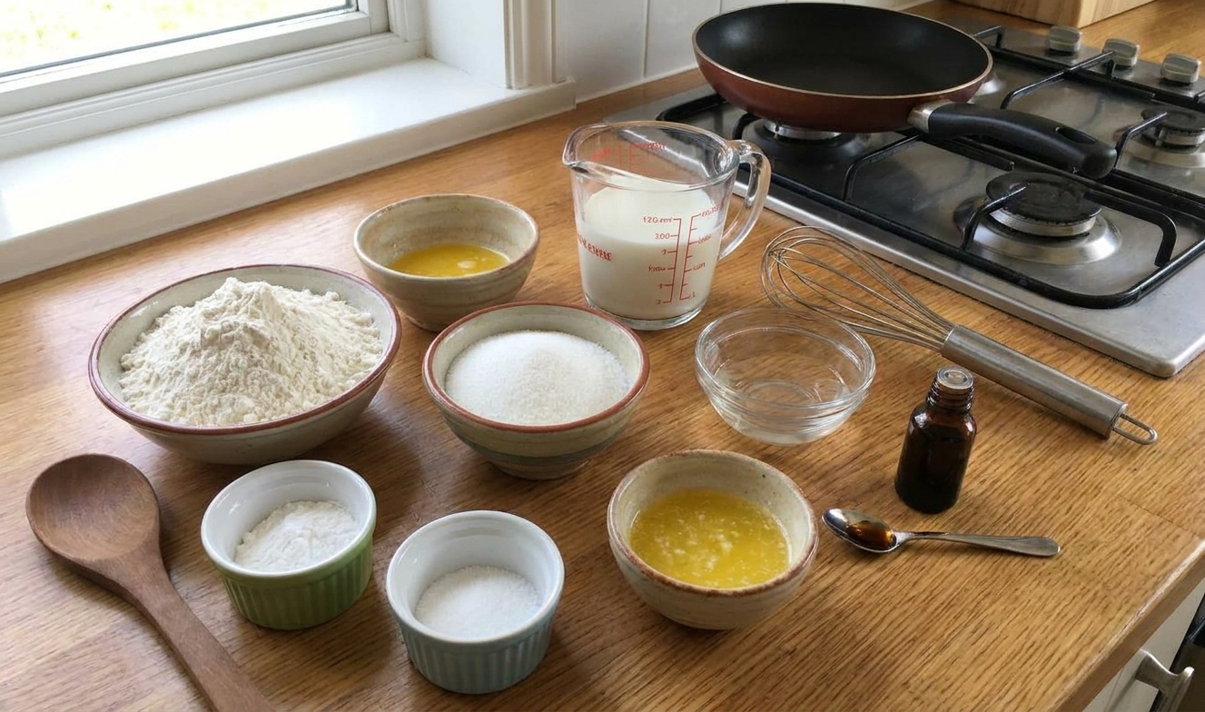 Flour, sugar, baking powder, salt, milk, vinegar, melted butter, and vanilla measured out on a bright kitchen counter in small bowls