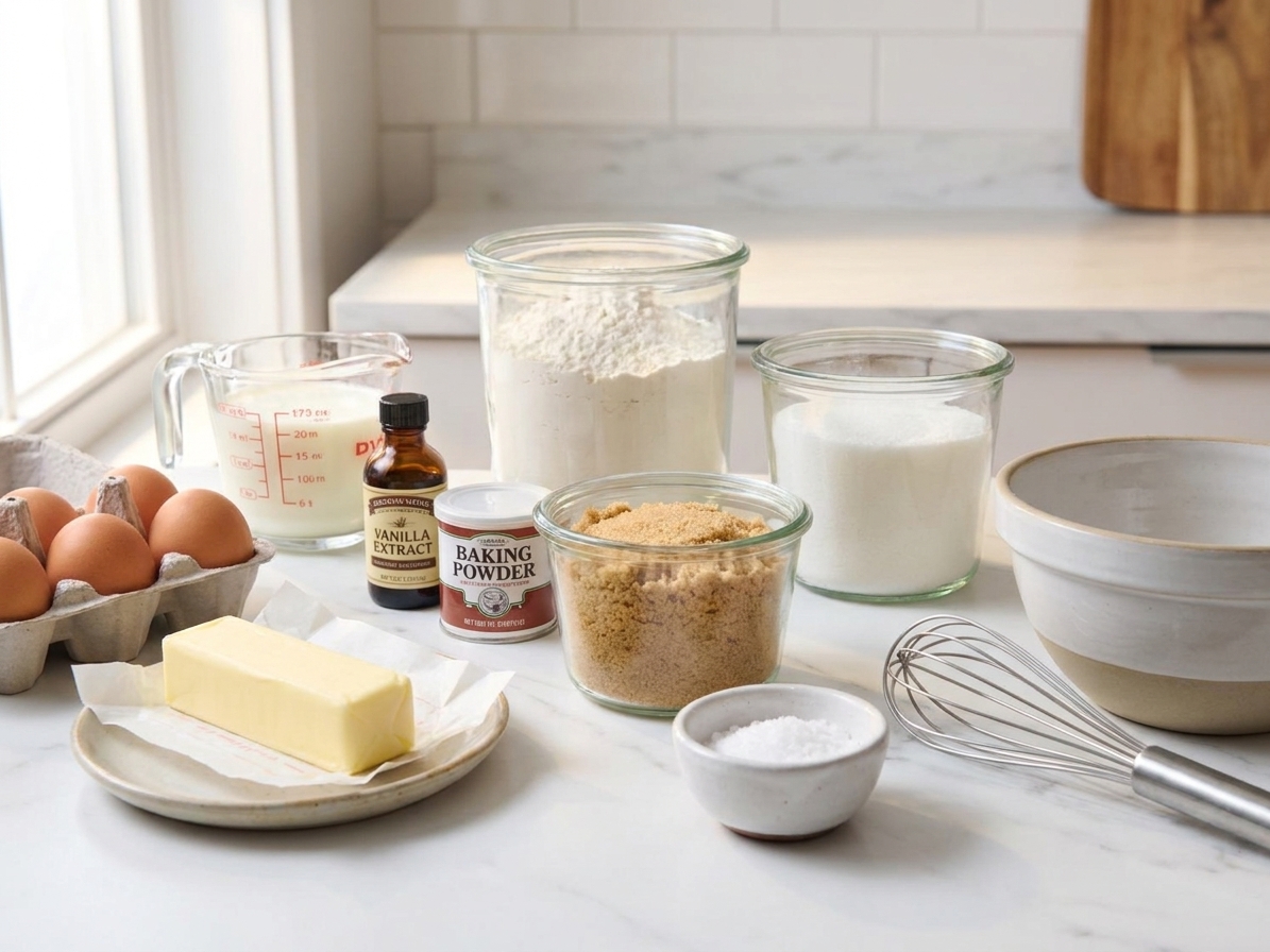 Flour, sugar, brown sugar, butter, eggs, buttermilk, vanilla, baking powder, and a small bowl of salt arranged on a bright kitchen counter