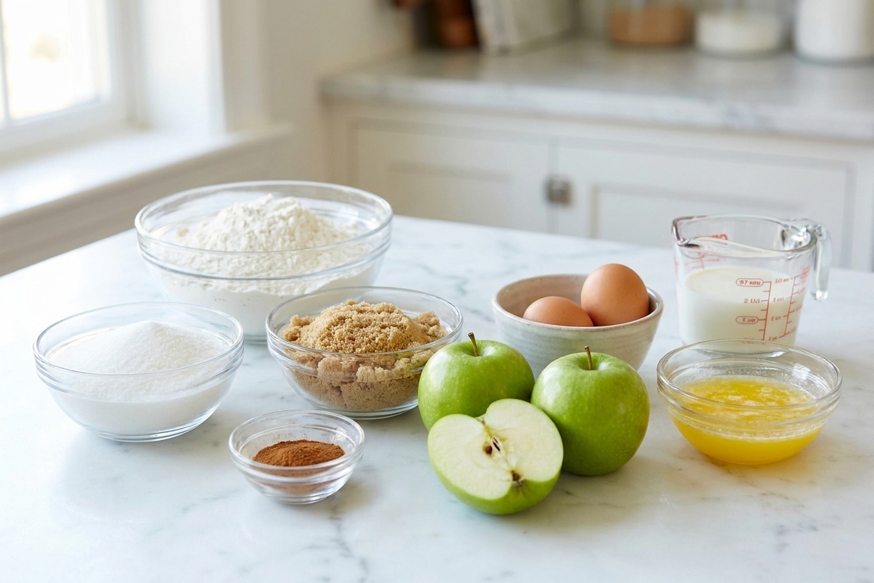 Flour, sugar, brown sugar, cinnamon, apples, eggs, milk, and melted butter arranged on a clean kitchen counter in warm natural light