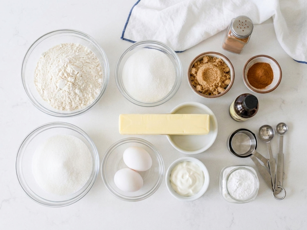 Flour, sugar, brown sugar, cinnamon, butter, eggs, sour cream, baking powder, and vanilla laid out on a tidy kitchen counter with measuring cups nearby