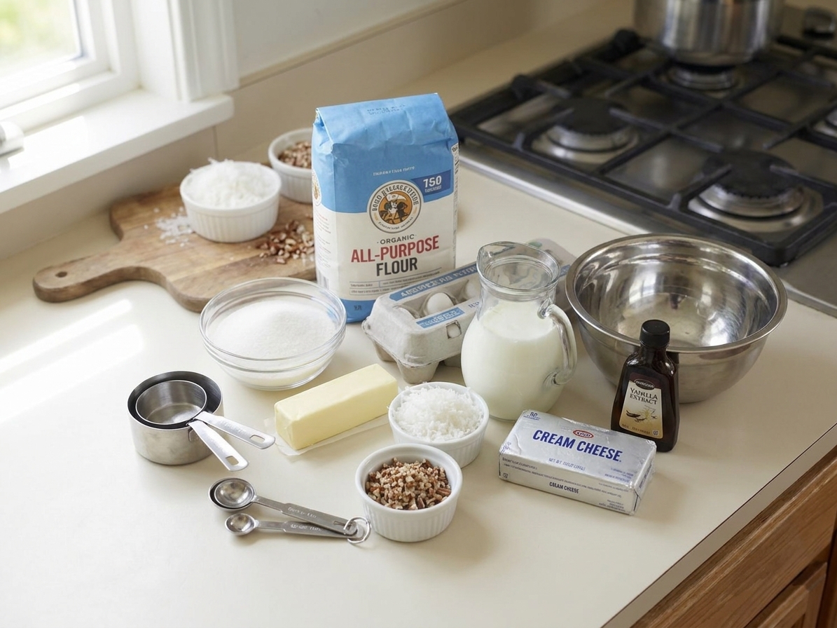 Flour, sugar, butter, eggs, buttermilk, shredded coconut, chopped pecans, cream cheese, and vanilla arranged on a bright kitchen counter with measuring cups and bowls