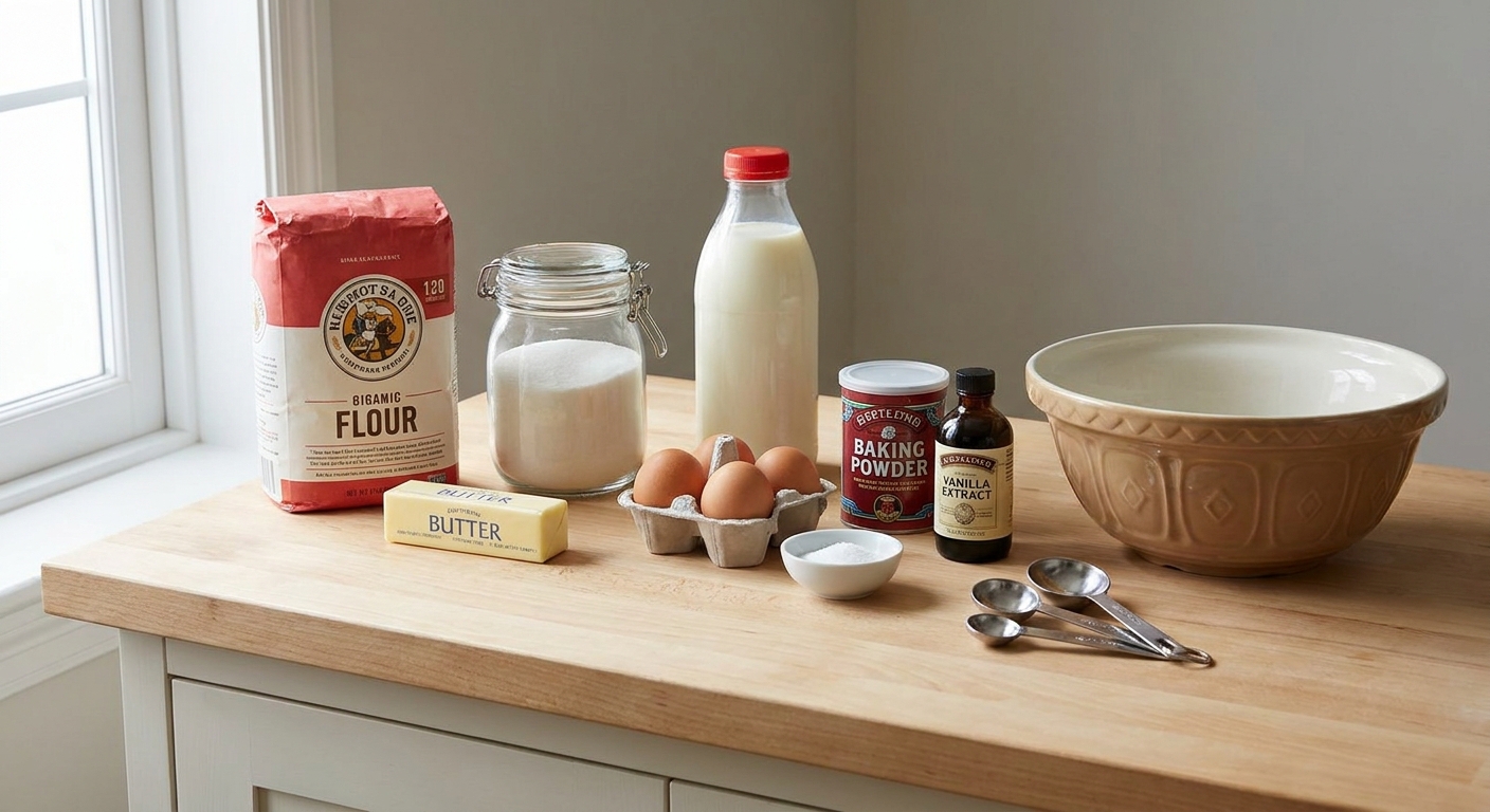 Flour, sugar, butter, eggs, milk, baking powder, salt, and vanilla arranged on a light kitchen counter with measuring spoons and a mixing bowl