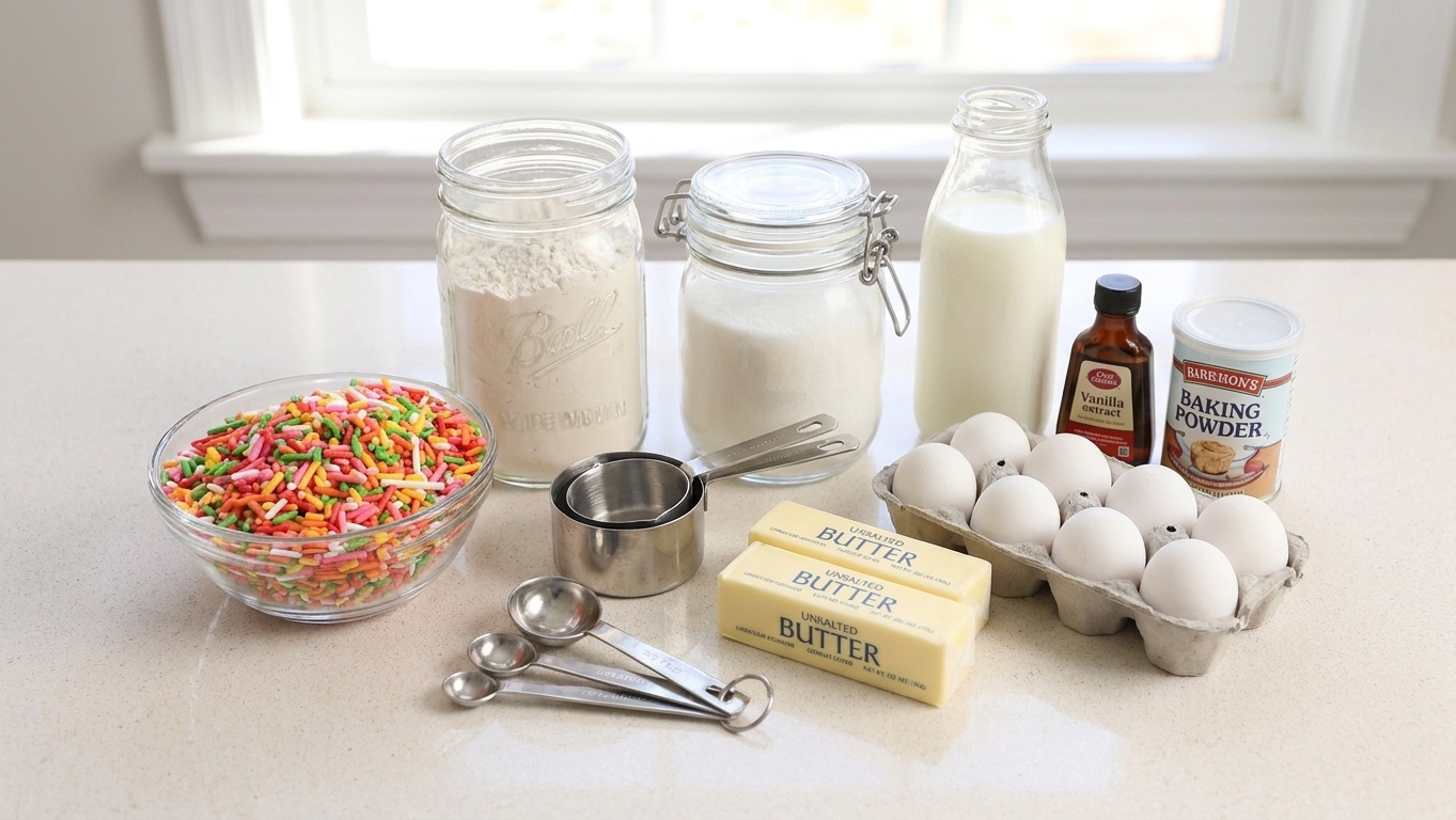 Flour, sugar, butter, eggs, milk, vanilla, baking powder, and rainbow sprinkles arranged on a light kitchen counter with measuring cups and bowls