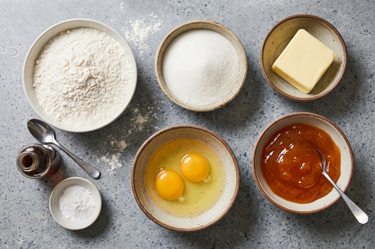 Flour, sugar, butter, eggs, vanilla, and baking powder in separate bowls next to a bowl of thick apricot jam on a kitchen counter