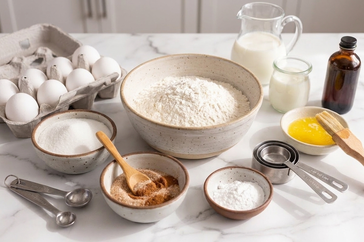 Flour, sugar, cinnamon, baking powder, eggs, milk, yogurt, melted butter, and vanilla arranged on a tidy kitchen counter with measuring cups