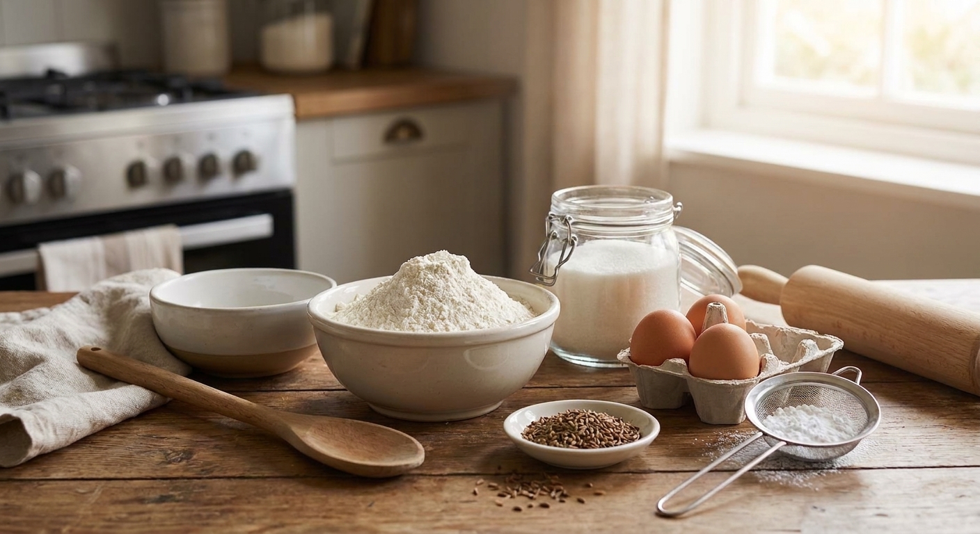 Flour, sugar, eggs, anise seeds, and powdered sugar arranged for baking on a bright kitchen counter