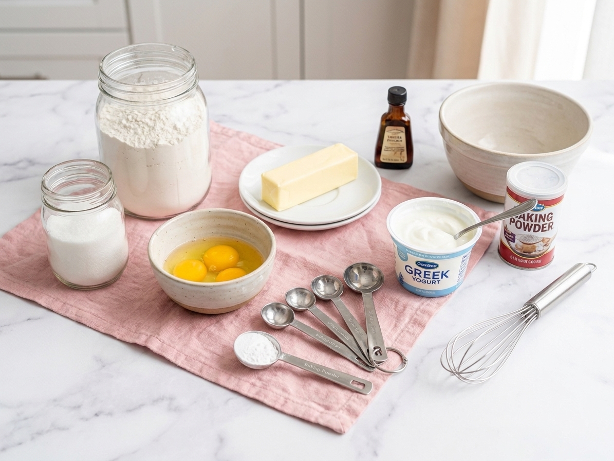 Flour, sugar, eggs, butter, Greek yogurt, vanilla, and baking powder arranged with measuring spoons ready for baking