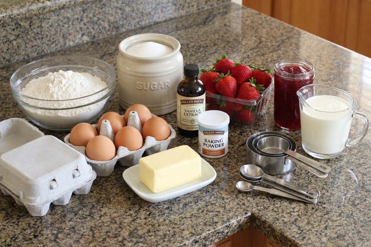 Flour, sugar, eggs, butter, baking powder, vanilla, strawberries, jam, and cream arranged on a home kitchen counter with measuring cups