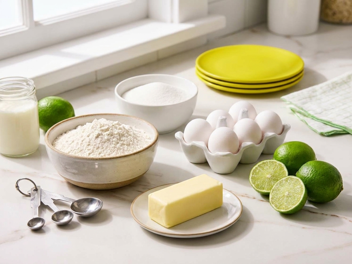 Flour, sugar, eggs, butter, buttermilk, and fresh limes arranged on a bright kitchen counter with measuring spoons