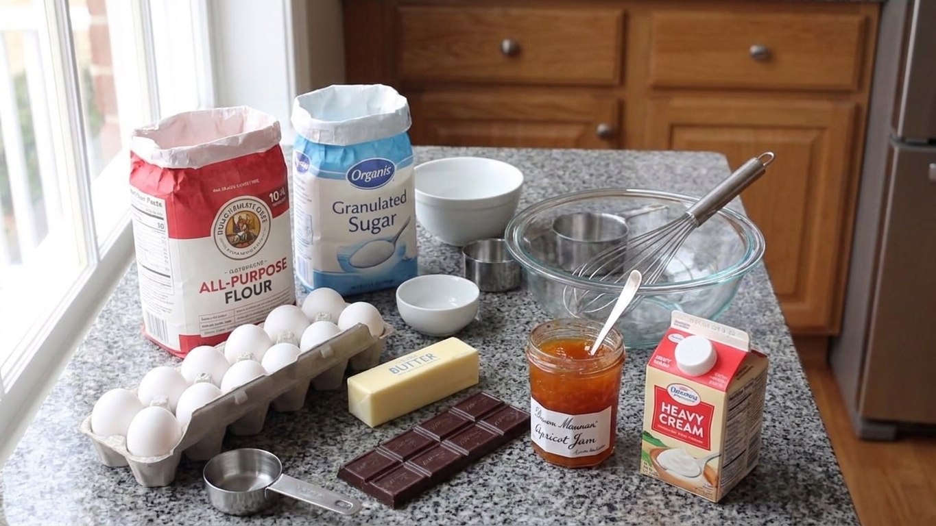 Flour, sugar, eggs, butter, dark chocolate, apricot jam, and heavy cream arranged on a clean kitchen counter with mixing bowls and a whisk
