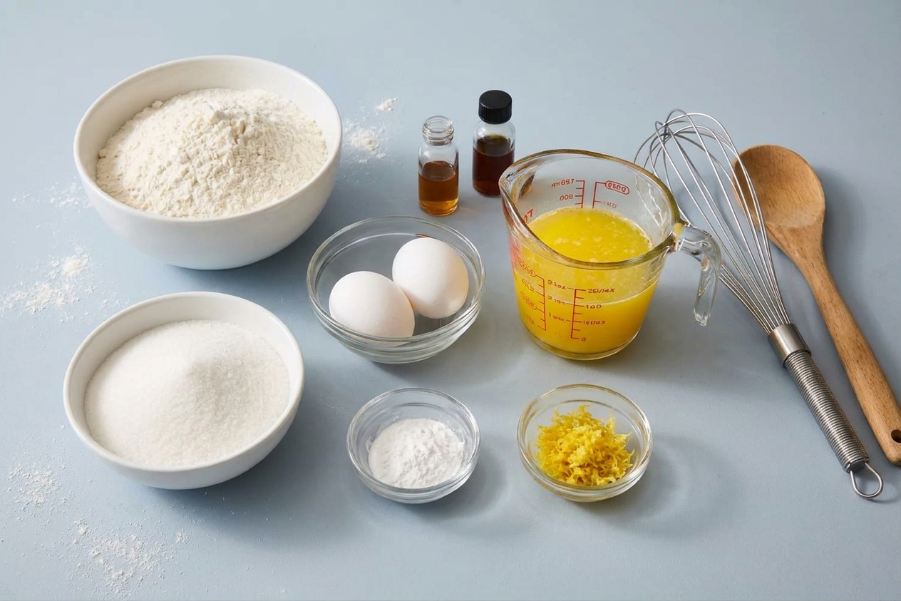 Flour, sugar, eggs, melted butter, anise extract, vanilla, baking powder, and lemon zest arranged on a light kitchen counter