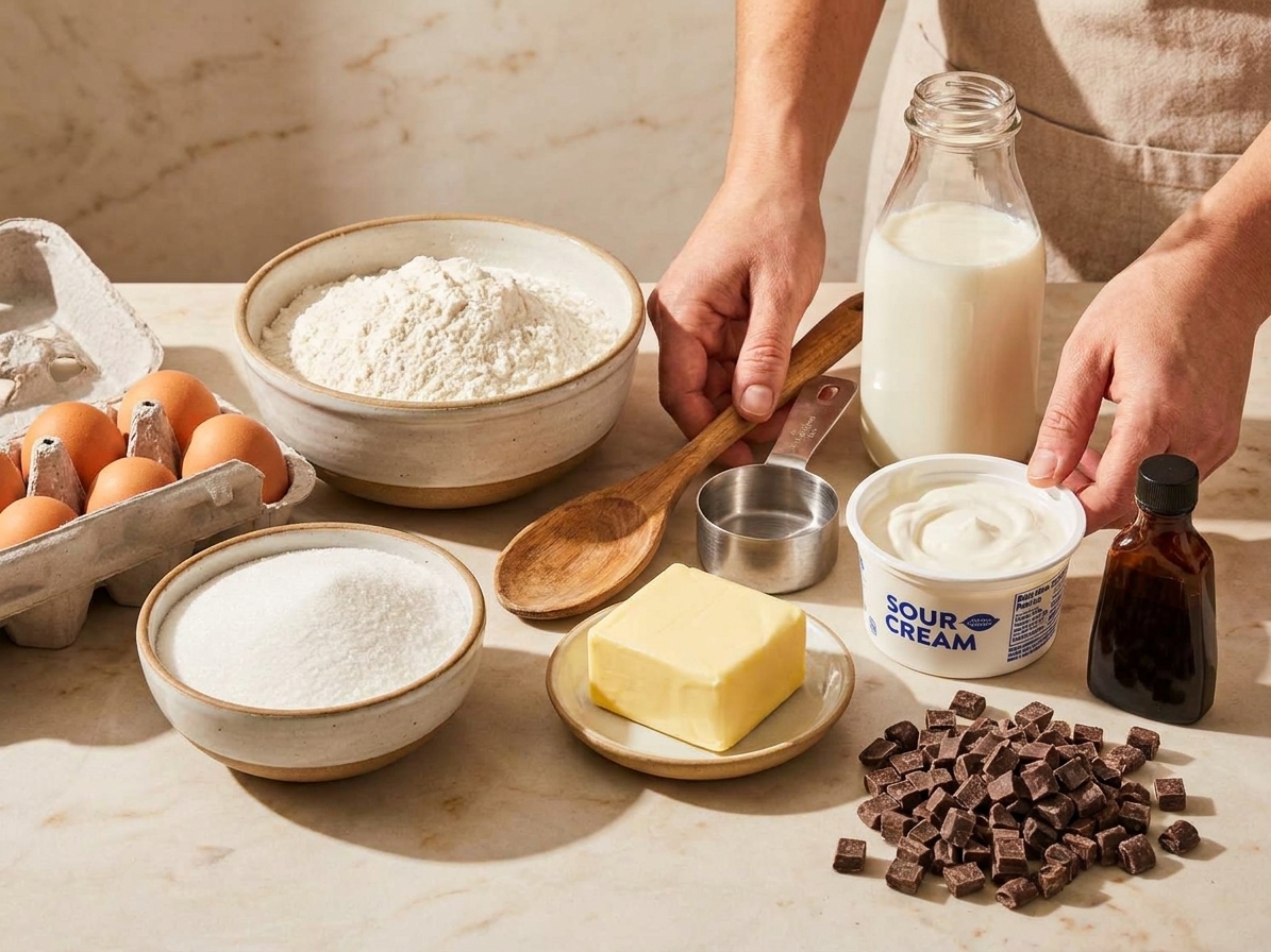 Flour, sugar, eggs, milk, butter, sour cream, vanilla, and chocolate chunks arranged on a bright kitchen counter
