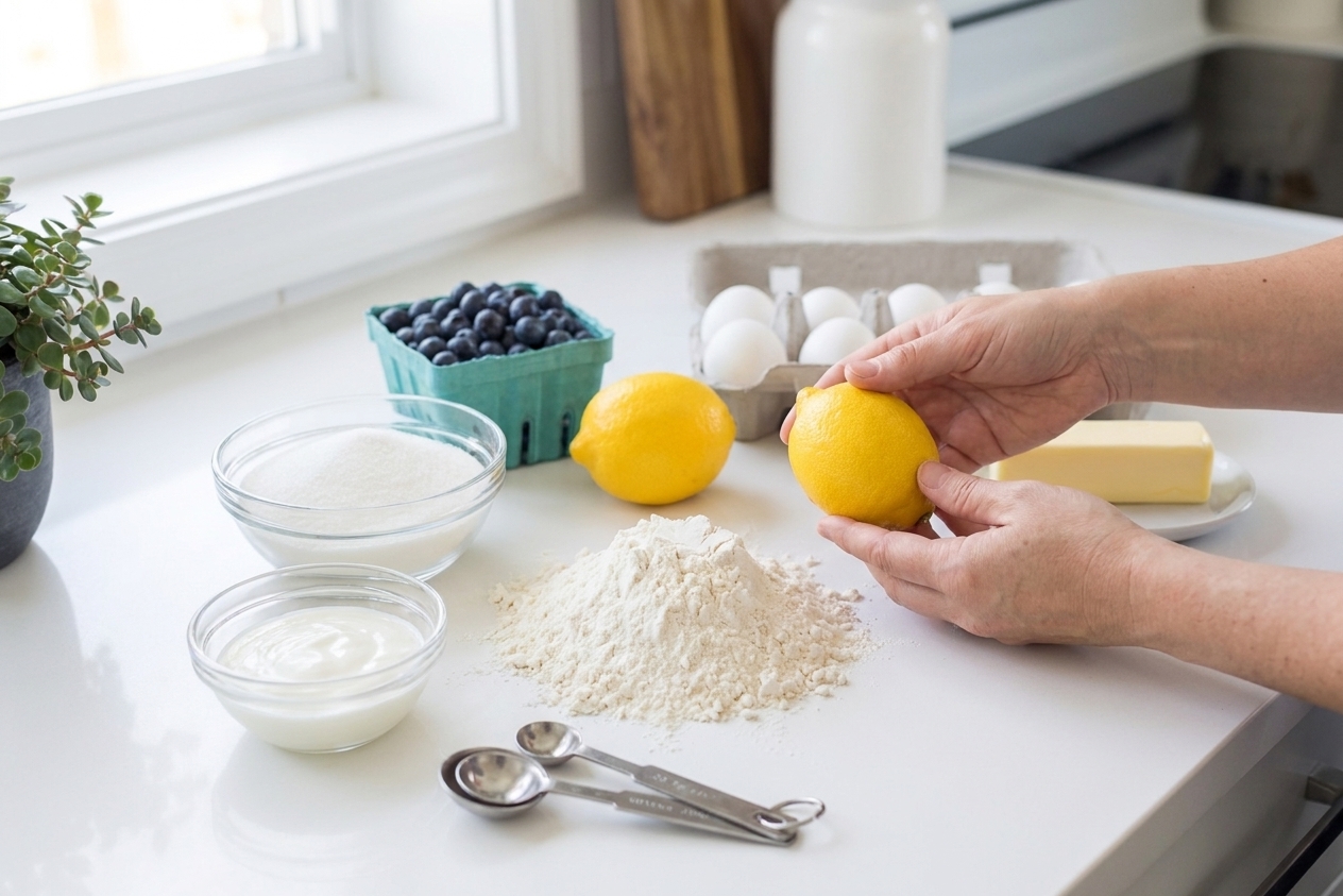 Flour, sugar, lemons, blueberries, eggs, butter, and a small bowl of yogurt arranged on a clean kitchen counter with measuring spoons