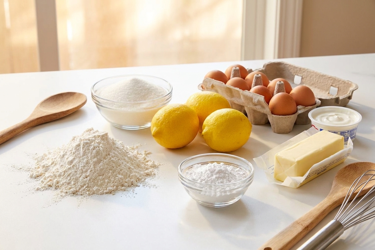 Flour, sugar, lemons, eggs, butter, sour cream, and a small bowl of powdered sugar arranged on a clean kitchen counter in warm natural light