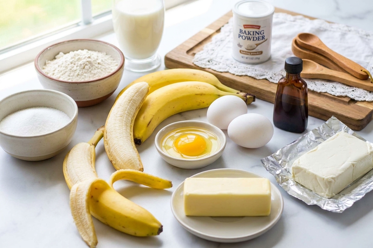 Flour, sugar, ripe bananas, eggs, butter, cream cheese, vanilla, and baking powder arranged on a bright kitchen counter