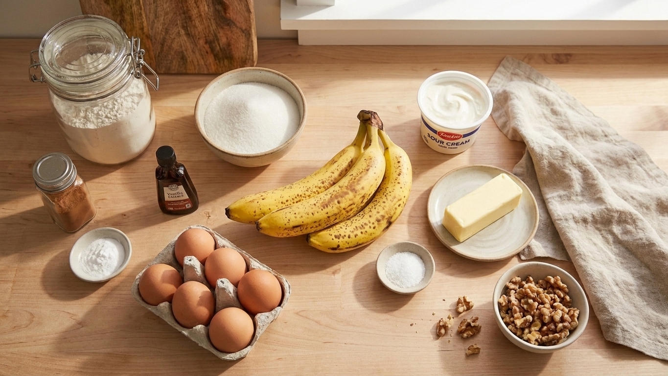 Flour, sugar, ripe bananas, eggs, butter, sour cream, vanilla, cinnamon, baking soda, salt, and walnuts arranged on a bright kitchen counter