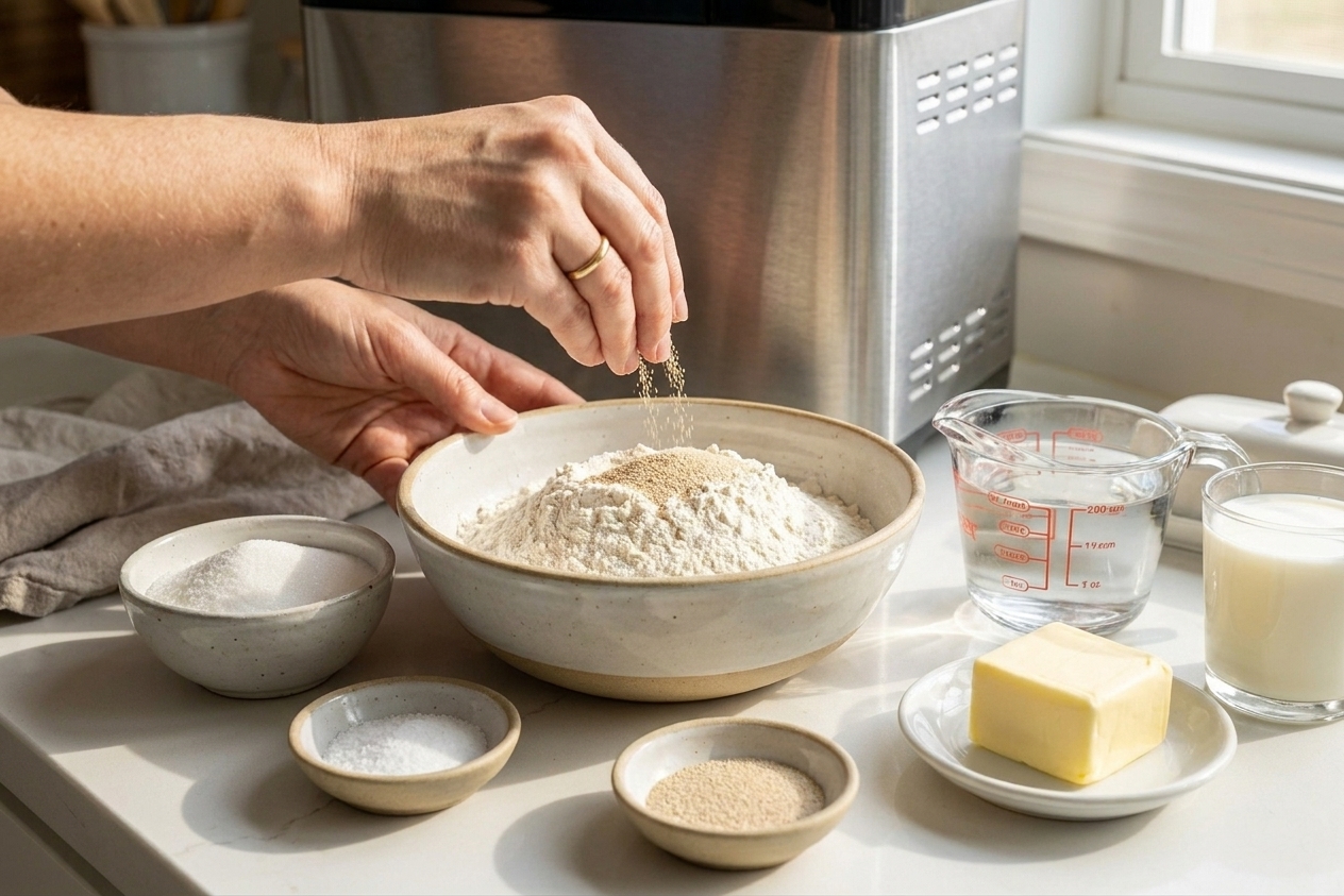 Flour, sugar, salt, instant yeast, butter, milk, and warm water arranged on a clean kitchen counter