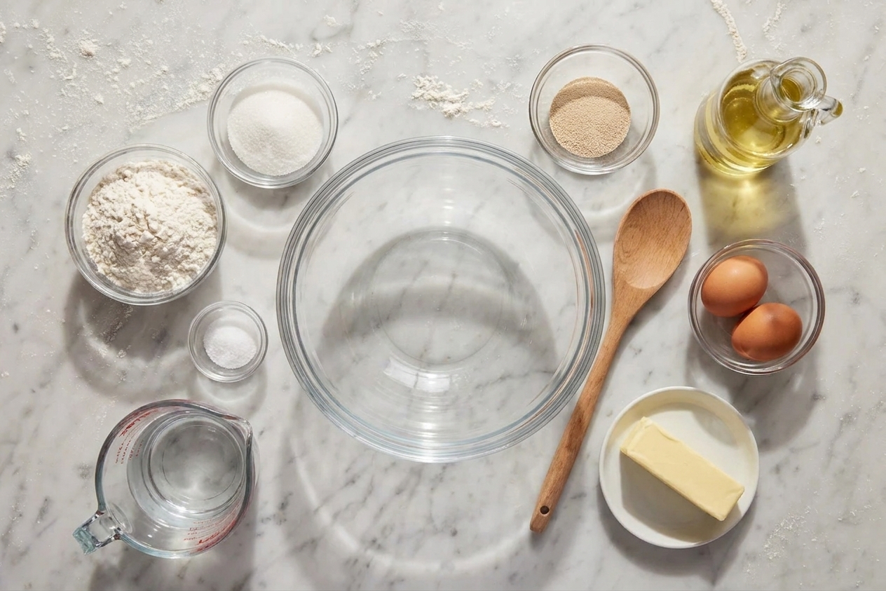 Flour, sugar, salt, yeast, warm water, eggs, butter, oil, and a mixing bowl arranged on a bright home kitchen counter