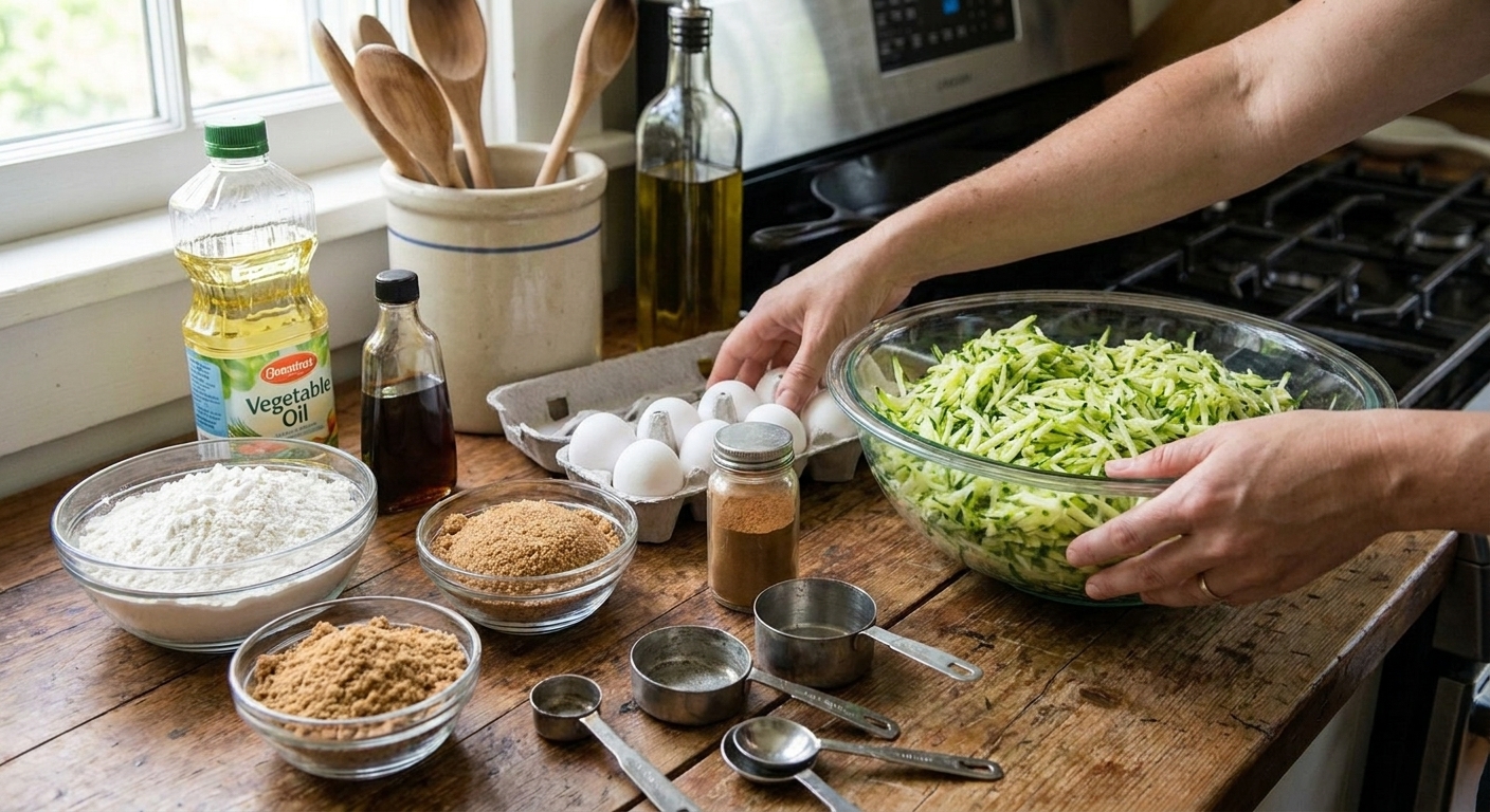 Flour, sugars, eggs, shredded zucchini, cinnamon, oil, and vanilla arranged on a light kitchen counter with measuring cups