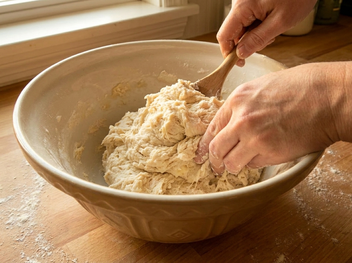 Flour tortilla dough being mixed in a large mixing bowl until it forms a soft, shaggy ball