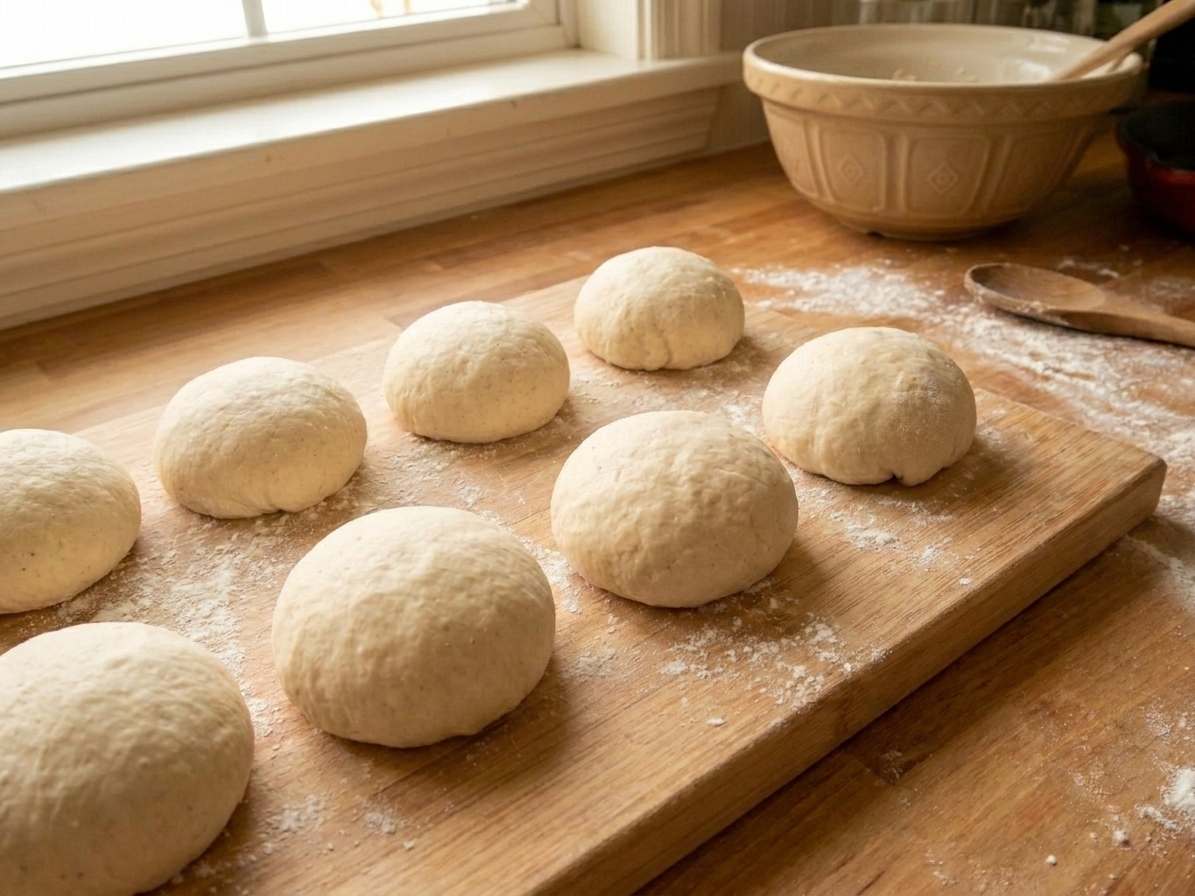 Flour tortilla dough portioned into smooth dough balls on a lightly floured wooden cutting board in a home kitchen