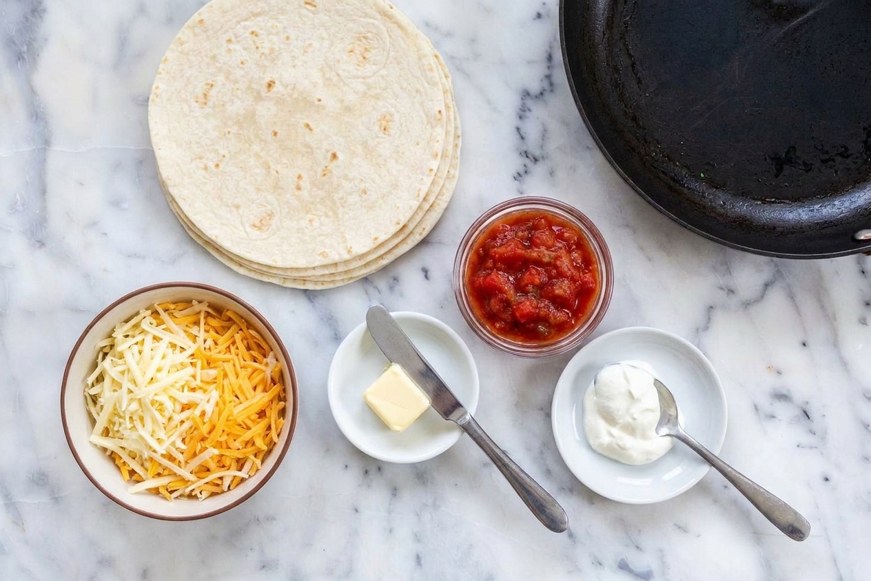 Flour tortillas, shredded cheese, butter, and small bowls of salsa and sour cream arranged on a clean kitchen counter in natural light