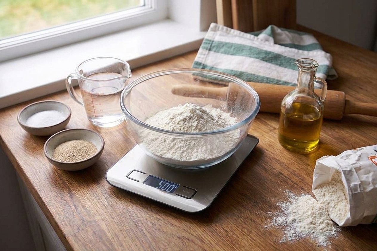 Flour, water, instant yeast, fine salt, olive oil, and a kitchen scale arranged on a wooden countertop in a home kitchen