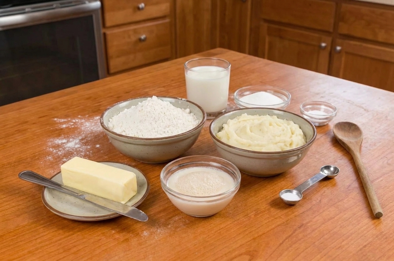 Flour, yeast, mashed potato, butter, milk, sugar, and salt arranged on a kitchen counter for making potato bread