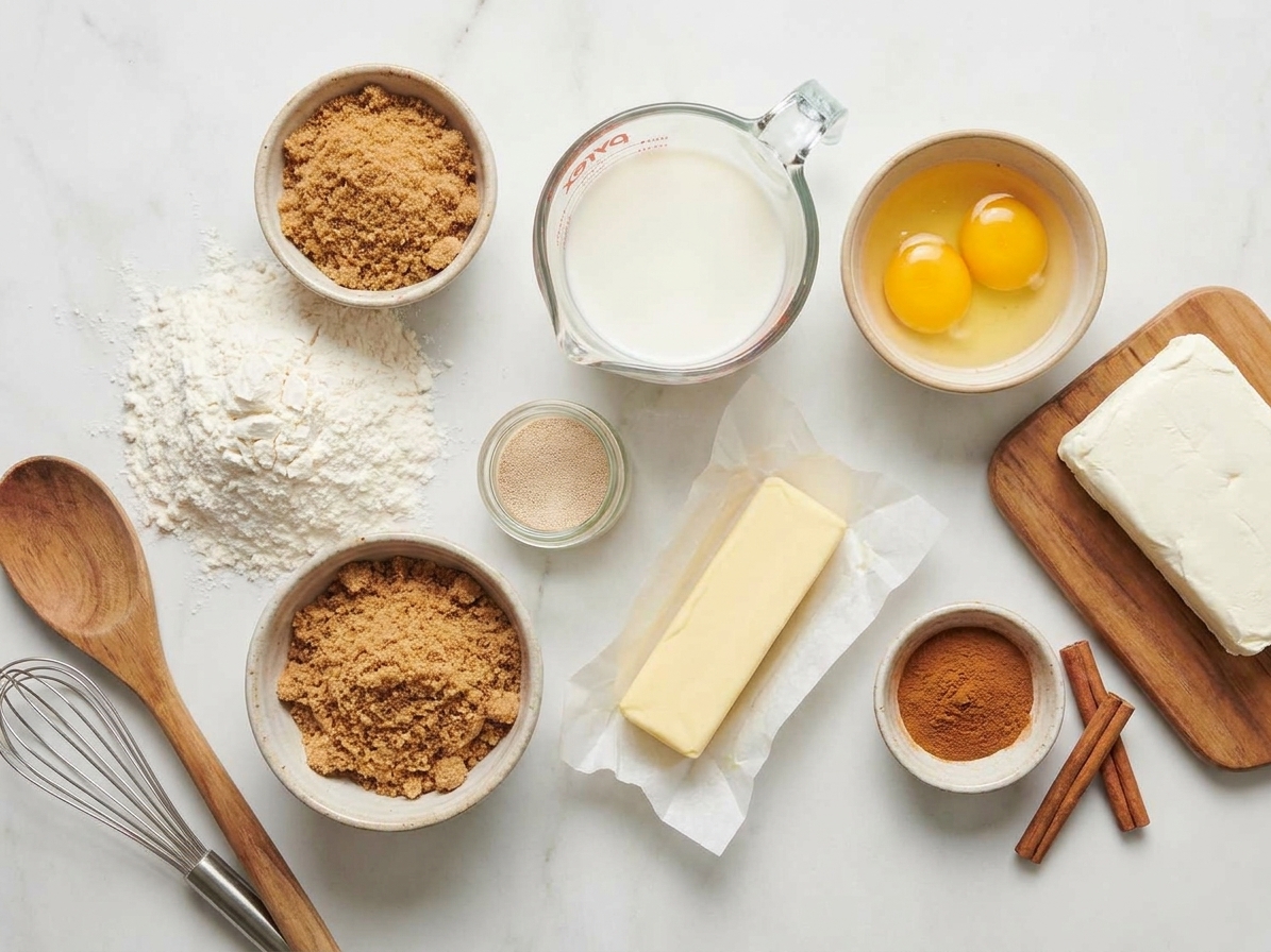 Flour, yeast, milk, butter, eggs, brown sugar, cinnamon, and cream cheese arranged on a bright kitchen counter ready for baking
