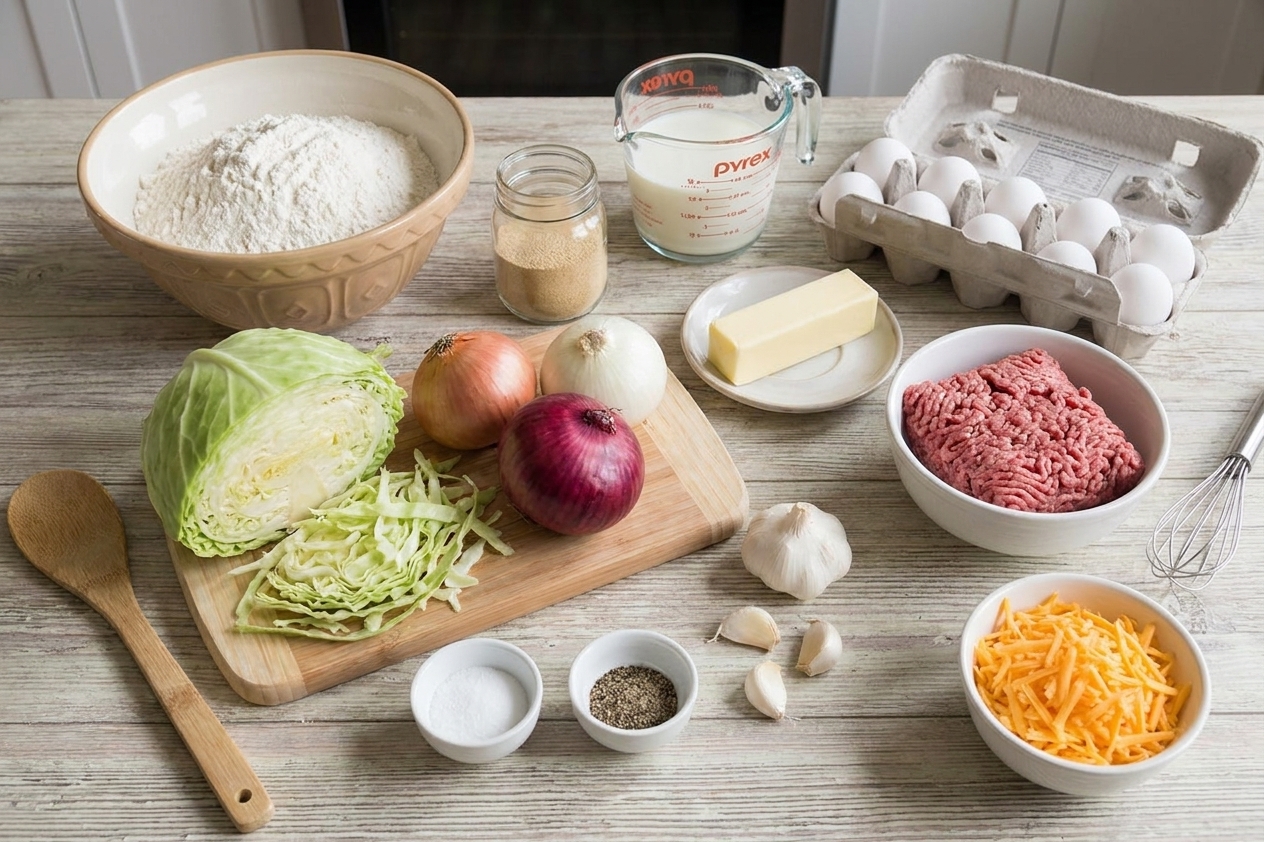 Flour, yeast, milk, eggs, butter, ground beef, cabbage, onions, garlic, salt, pepper, and shredded cheese on a bright kitchen counter, neatly arranged