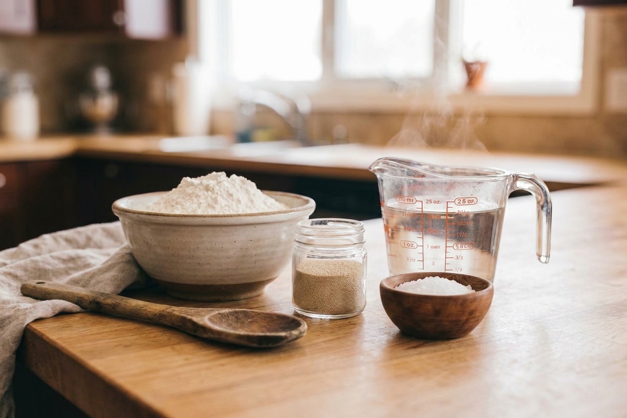 Flour, yeast, salt, and a measuring cup of warm water set out on a kitchen counter for making no-knead bread