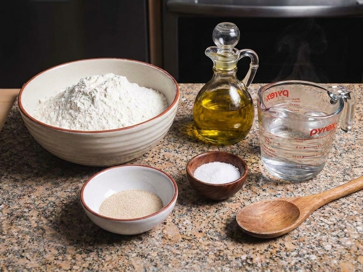 Flour, yeast, salt, olive oil, and warm water measured out on a kitchen counter for making pizza dough