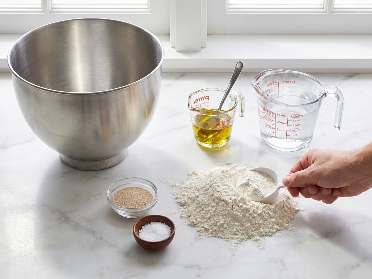 Flour, yeast, salt, olive oil, and warm water measured out on a clean kitchen counter next to a mixing bowl