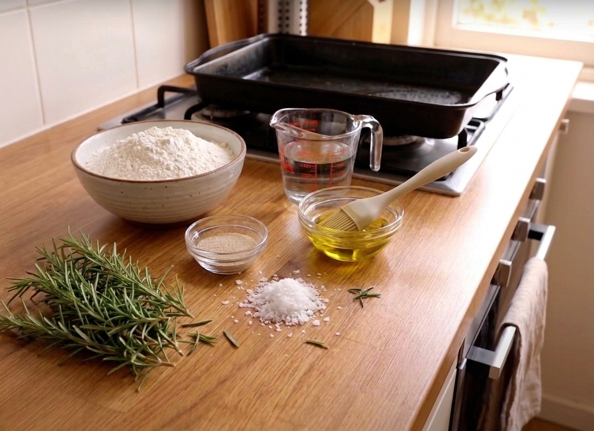 Flour, yeast, salt, olive oil, water, and rosemary