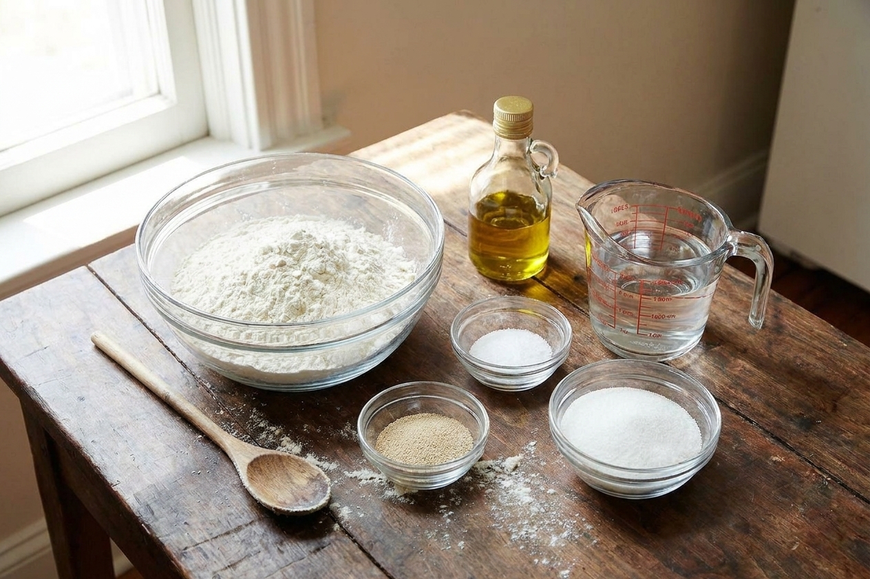 Flour, yeast, salt, sugar, oil, and a measuring cup of warm water arranged on a tidy kitchen counter in soft natural light