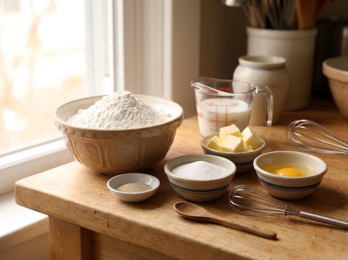Flour, yeast, sugar, butter, milk, and an egg measured out on a bright kitchen counter, ready to make stroopwafel dough