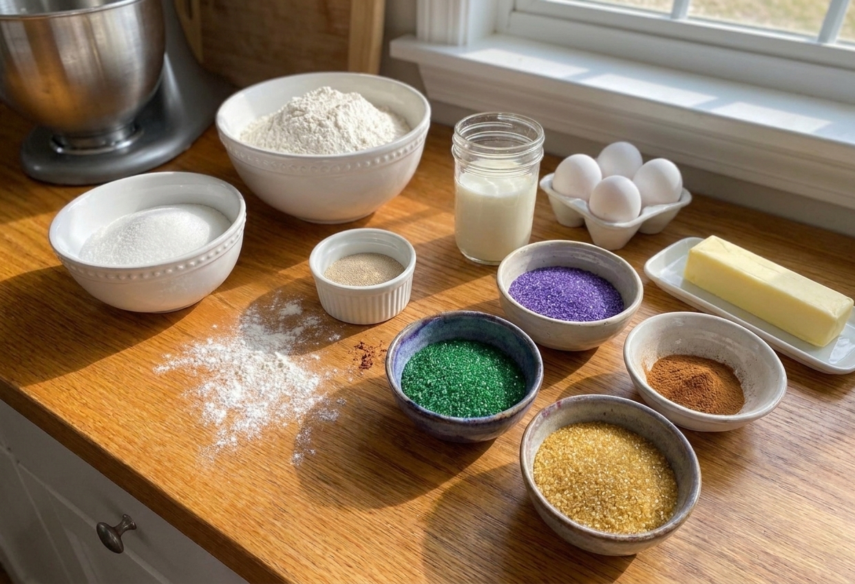 Flour, yeast, sugar, milk, eggs, butter, cinnamon, and bowls of purple green gold sanding sugar arranged on a bright kitchen counter