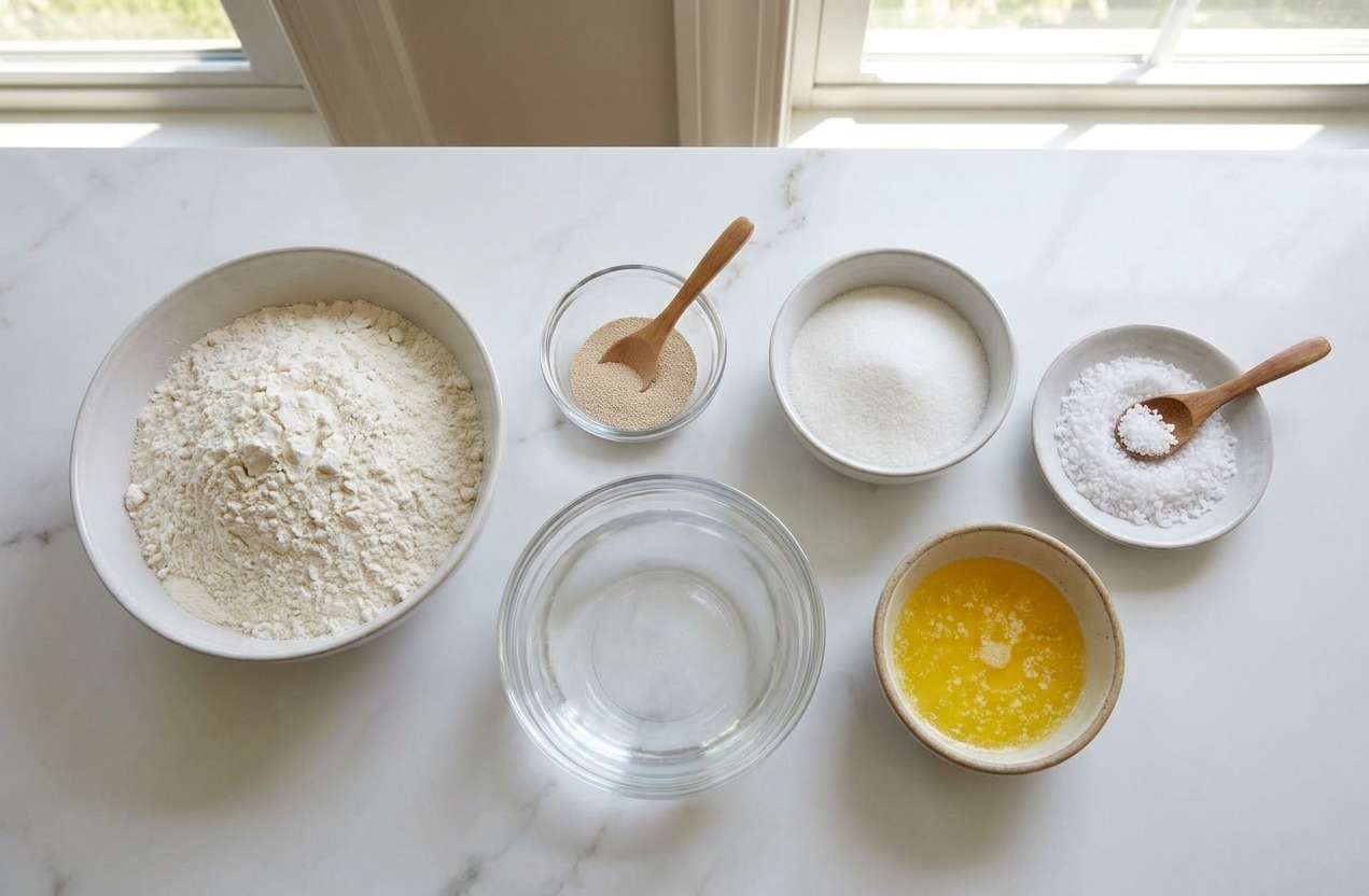 Flour, yeast, sugar, salt, a bowl of warm water, and melted butter arranged on a bright kitchen counter ready for making soft pretzels