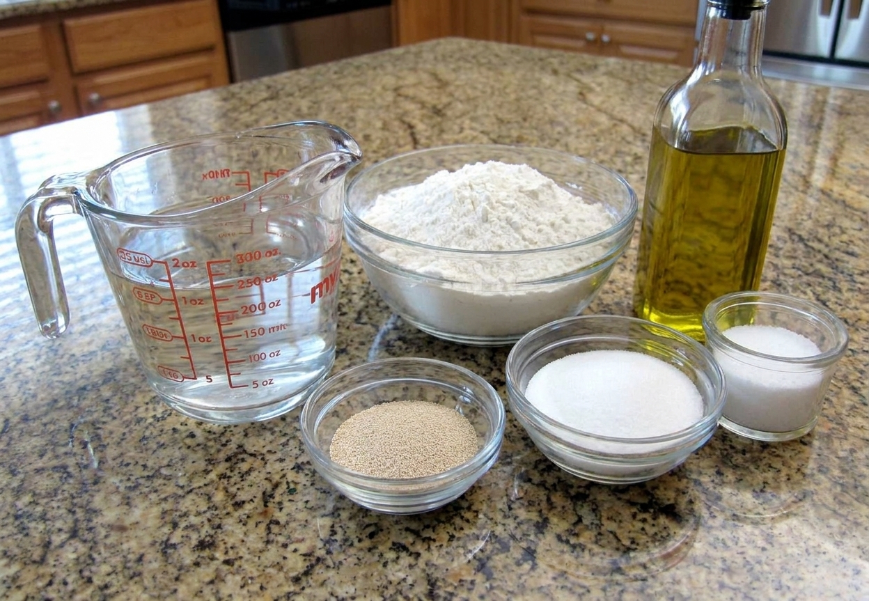 Flour, yeast, sugar, salt, olive oil, and a measuring cup of warm water arranged on a home kitchen counter